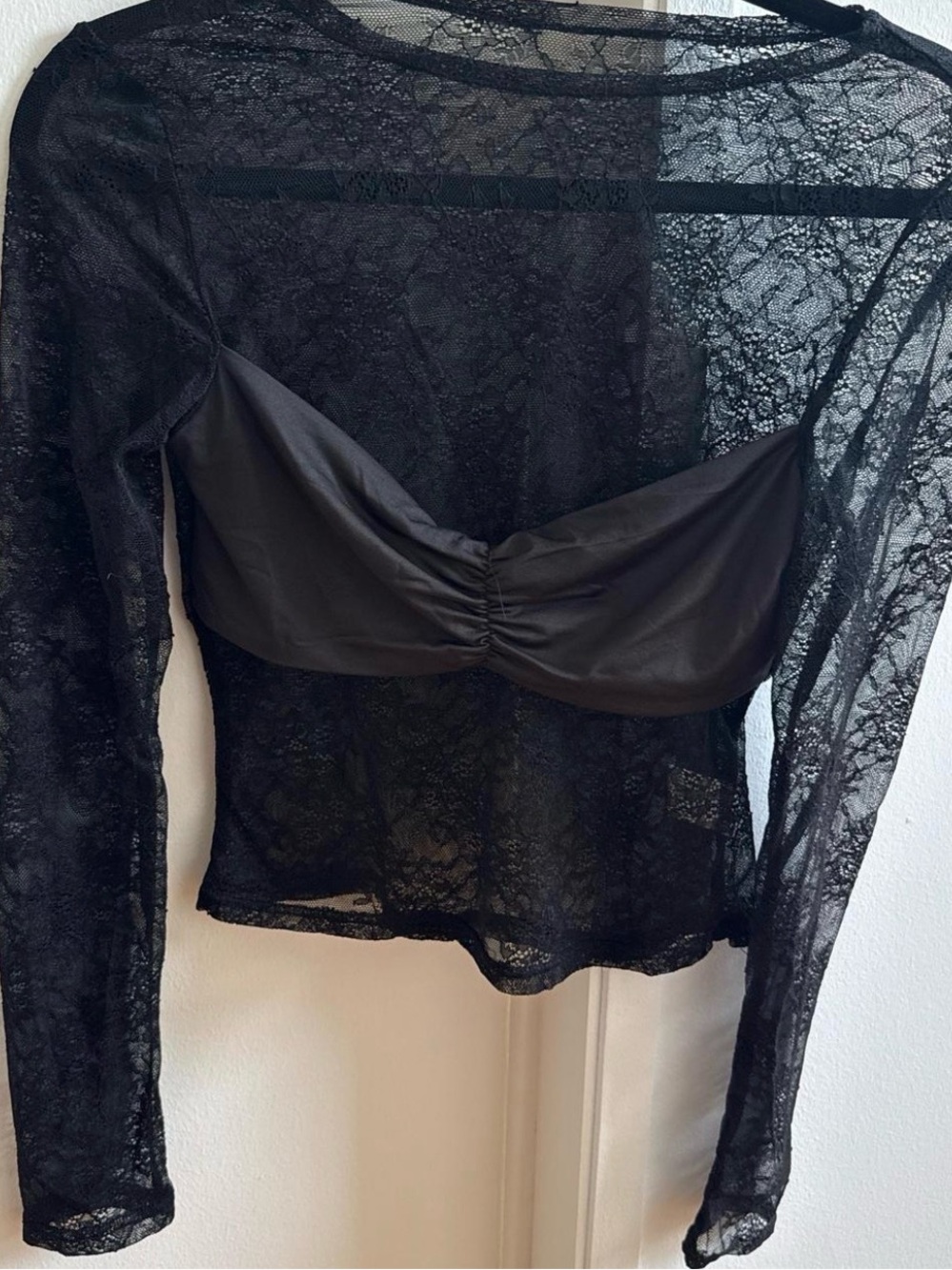 Black Lace Sheer Long-Sleeve Top with Integrated Bralette
